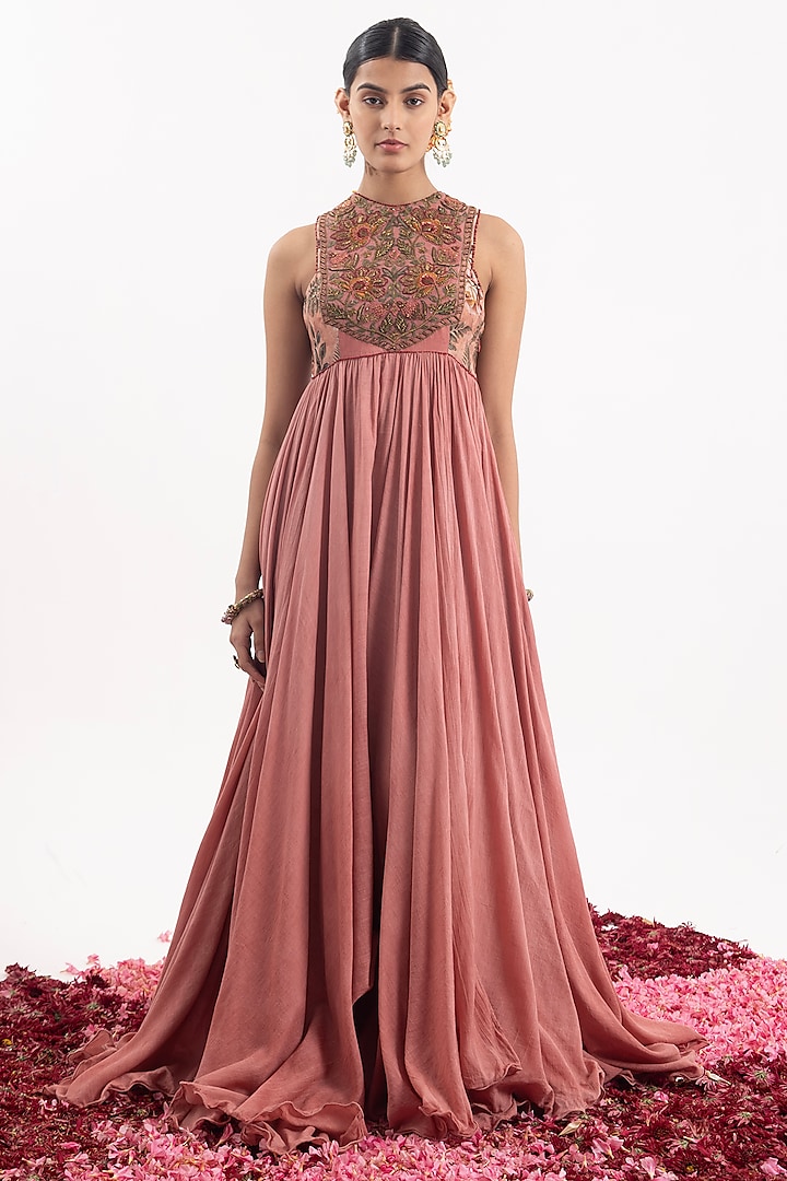 Peach Cotton Silk Chanderi Digital Printed & Embroidered Maxi Dress by Samant Chauhan