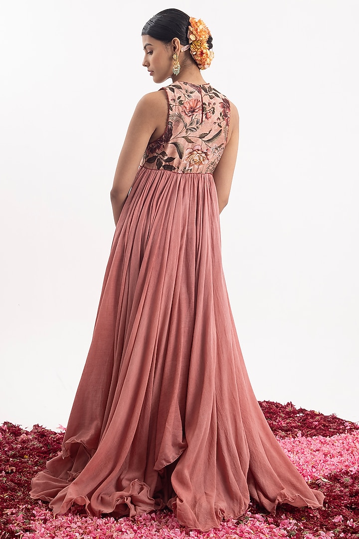 Peach Cotton Silk Chanderi Digital Printed & Embroidered Maxi Cocktail Dress by Samant Chauhan at Pernia's Pop Up Shop