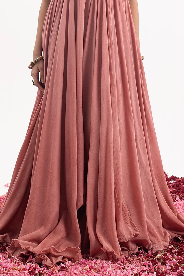 Peach Cotton Silk Chanderi Digital Printed & Embroidered Maxi Cocktail Dress by Samant Chauhan at Pernia's Pop Up Shop