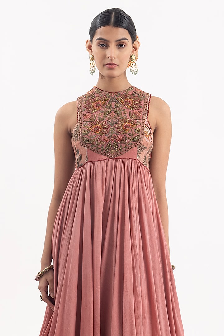 Peach Cotton Silk Chanderi Digital Printed & Embroidered Maxi Cocktail Dress by Samant Chauhan at Pernia's Pop Up Shop