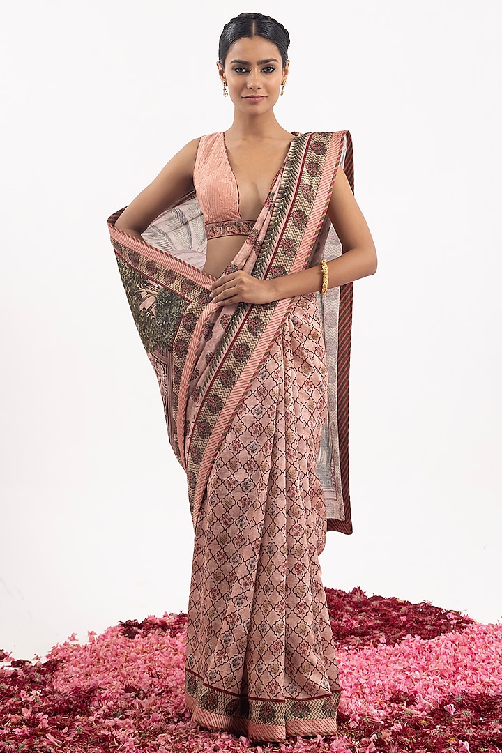 Peach Cotton Silk Chanderi Digital Printed Saree Set by Samant Chauhan at Pernia's Pop Up Shop