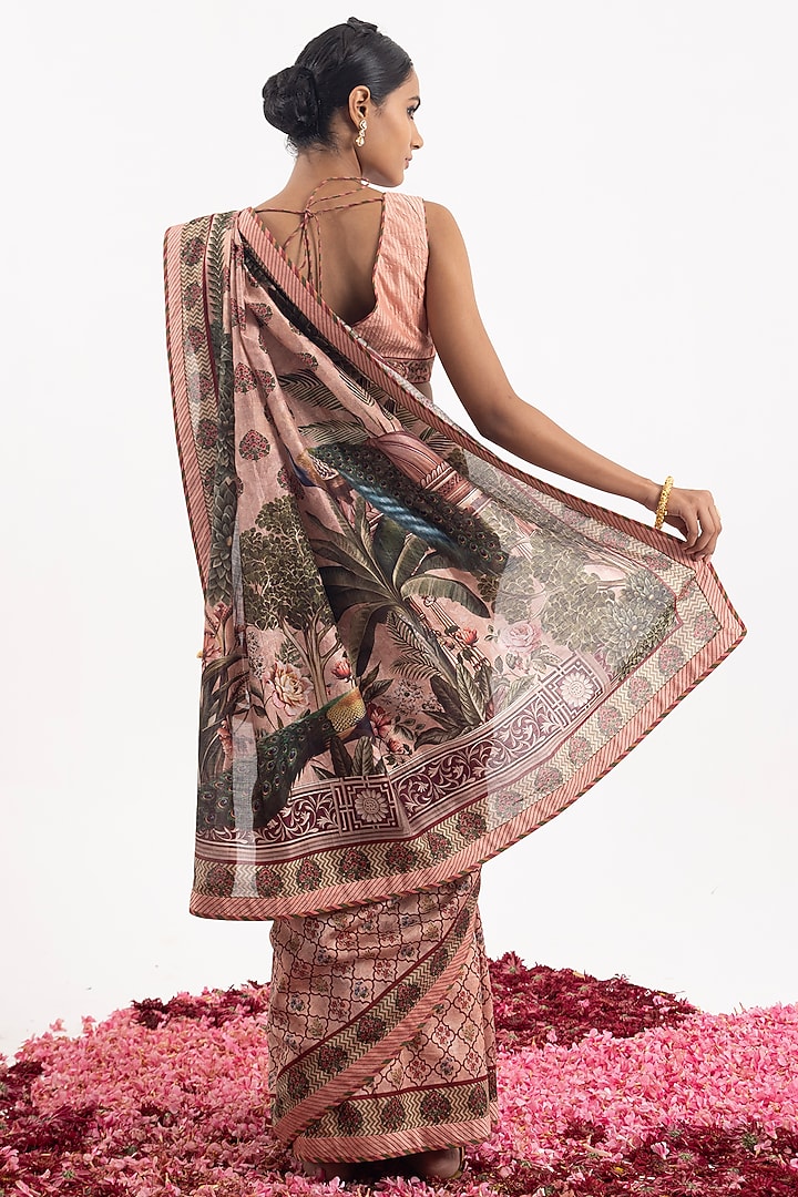 Peach Cotton Silk Chanderi Digital Printed Wedding Saree Set by Samant Chauhan at Pernia's Pop Up Shop