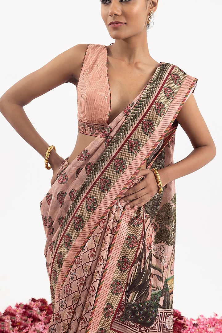 Peach Cotton Silk Chanderi Digital Printed Wedding Saree Set by Samant Chauhan at Pernia's Pop Up Shop