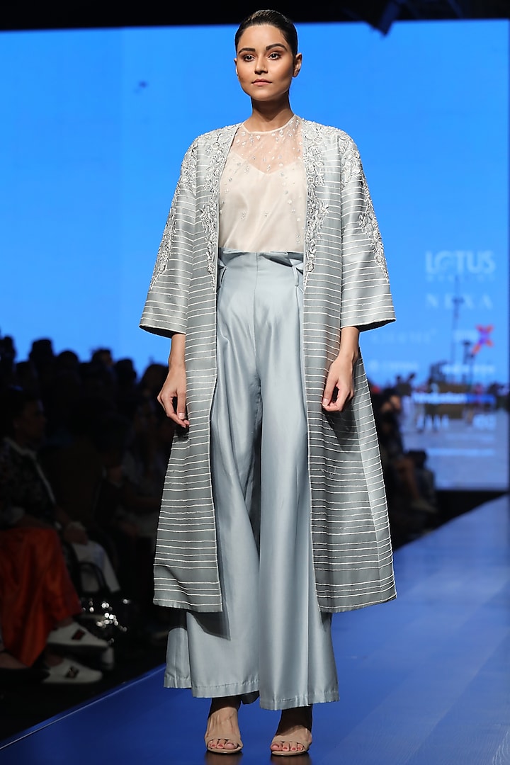Powder Blue Embroidered Jacket With Shirt, Slip & Palazzo Pants by Samant Chauhan