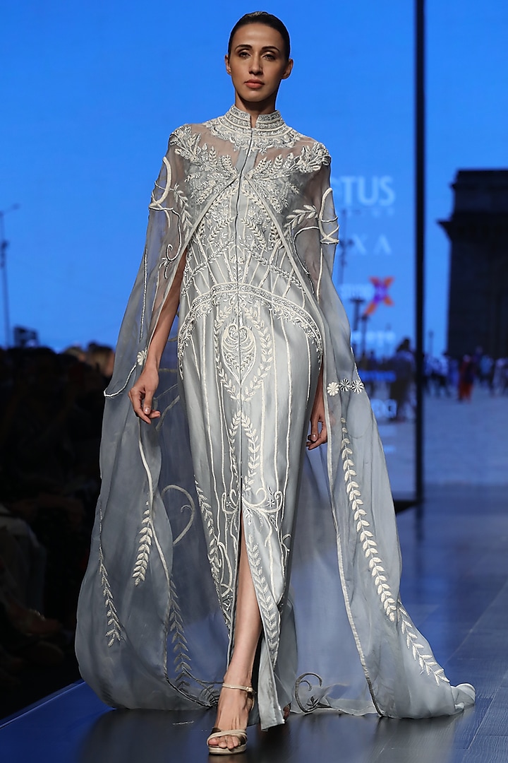 Powder Blue Embroidered Cape Gown by Samant Chauhan