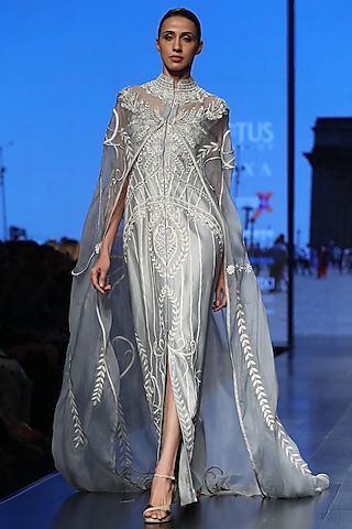 Powder Blue Embroidered Cape Gown by Samant Chauhan
