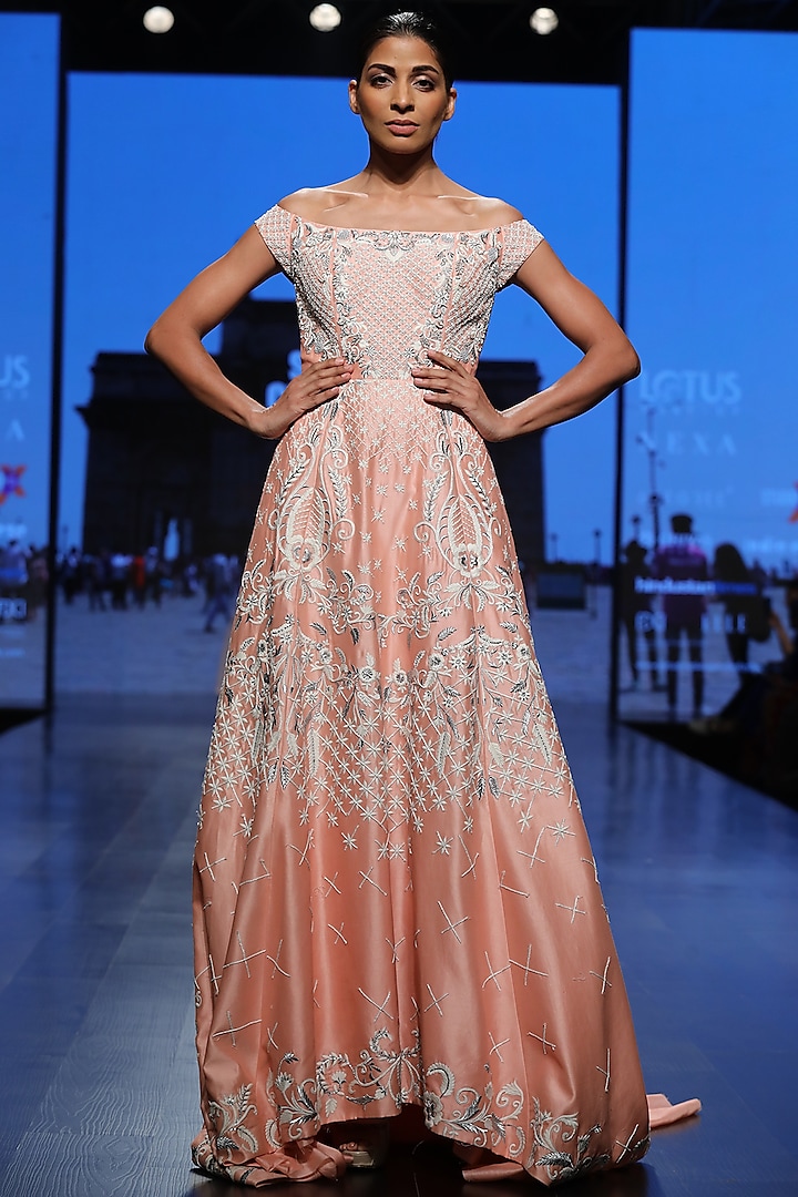 Peach Embroidered Gown by Samant Chauhan