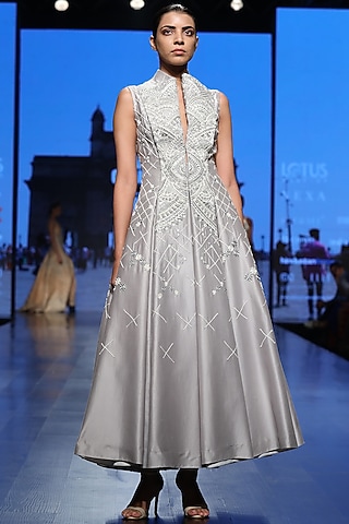 Grey Embroidered Front Open Gown by Samant Chauhan