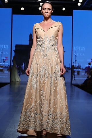 Peach Embroidered Front Open Gown by samant chauhan