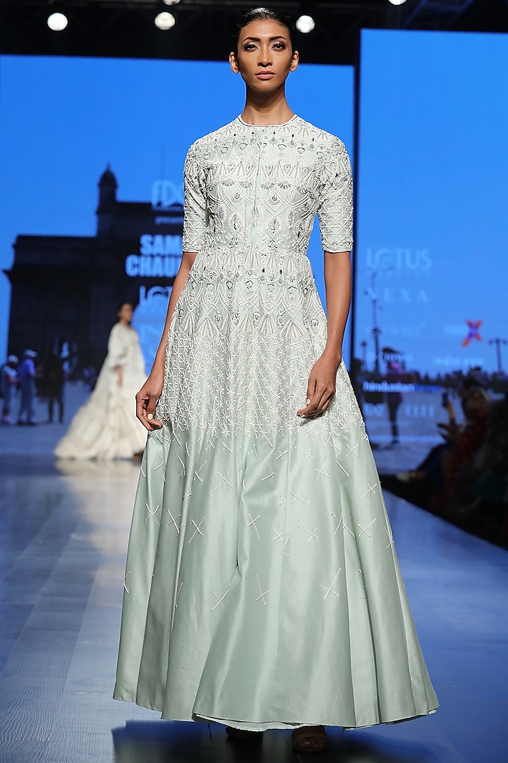 Mint Green Embroidered Front Open Gown by Samant Chauhan