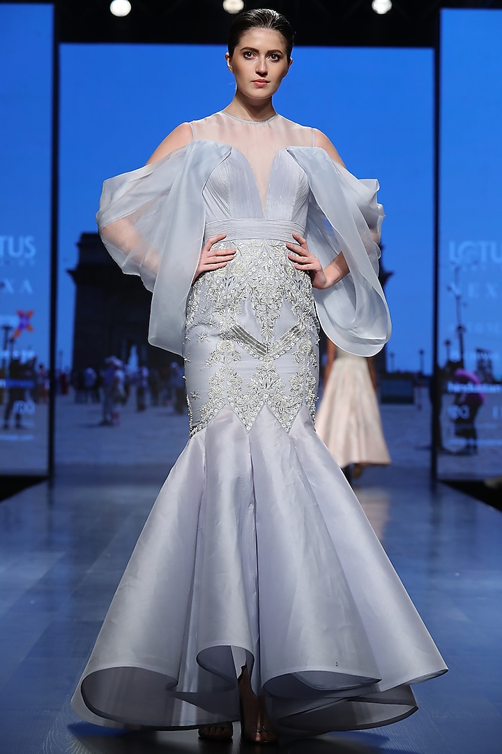 Powder Blue Mesh Gown by Samant Chauhan