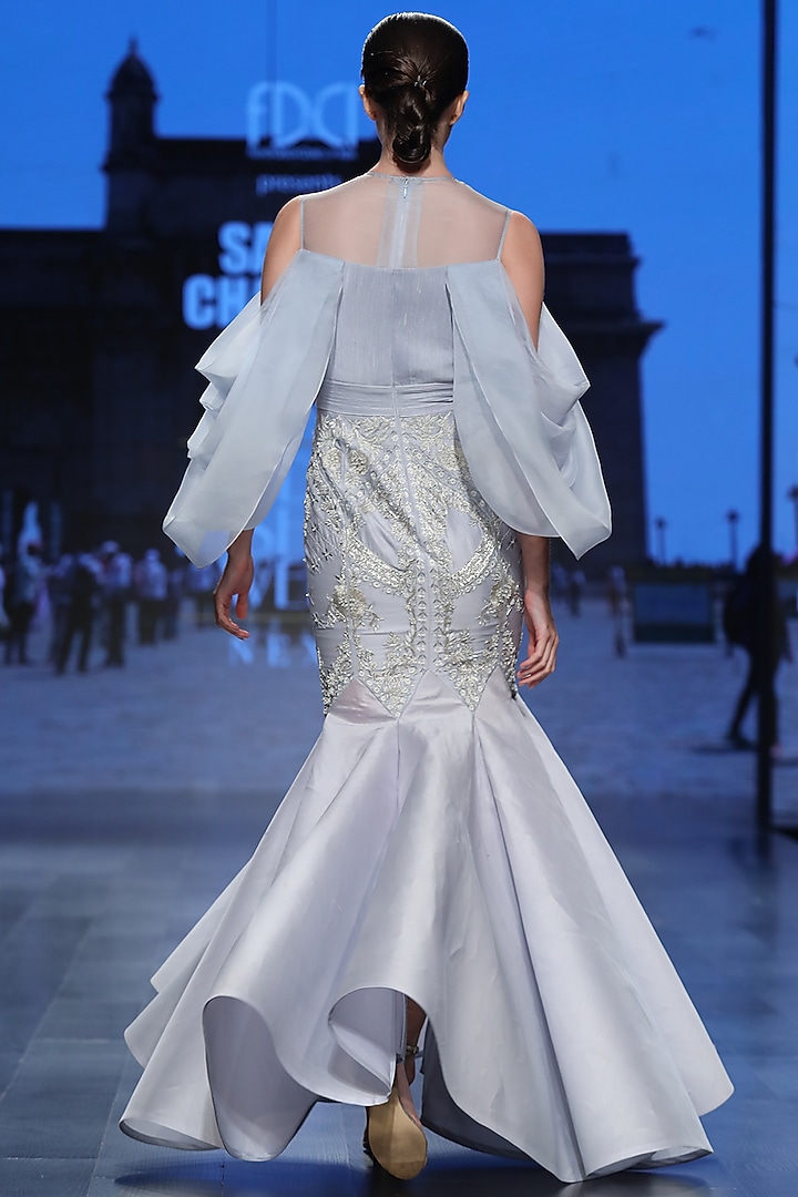 Powder Blue Mesh Gown by Samant Chauhan at Pernia's Pop Up Shop