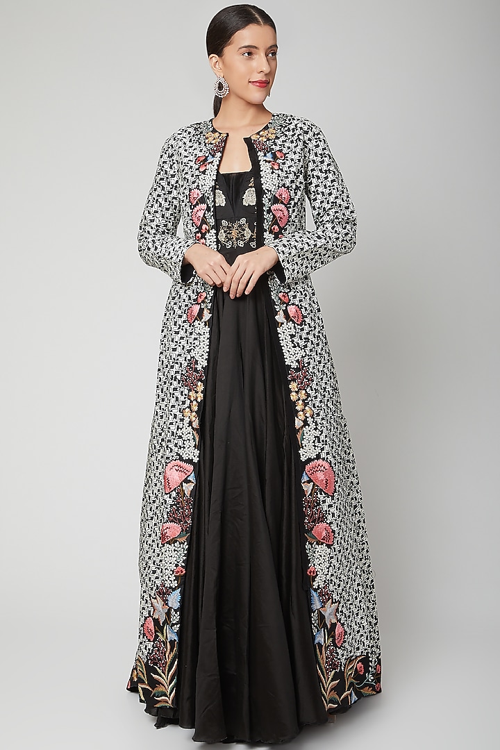 White Embroidered & Printed Jacket With Dress by Samant Chauhan