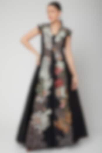 Black Embroidered Gown With Front Opening by Samant Chauhan