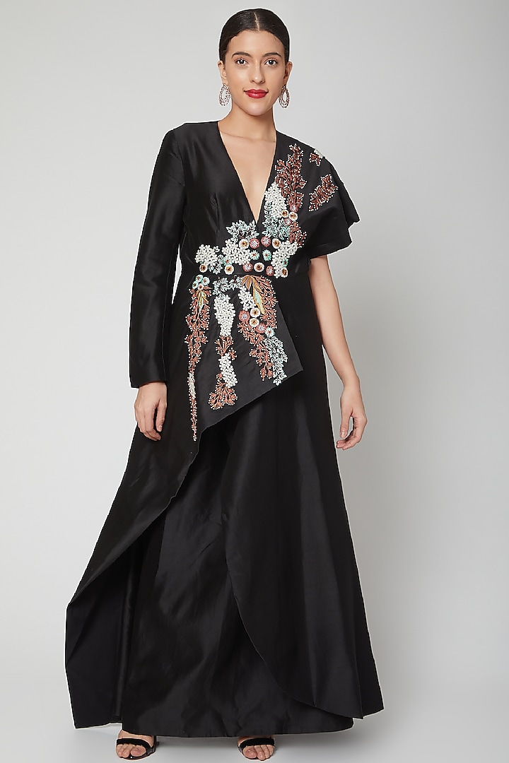 Black Embroidered Gown With Pleats by Samant Chauhan