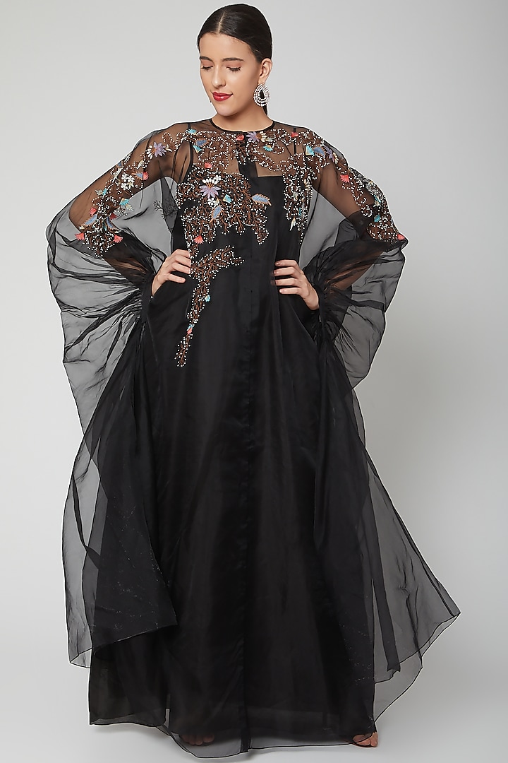 Black Embroidered Kaftan Dress With Slip by Samant Chauhan