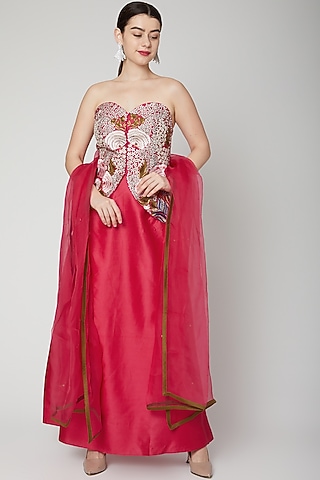 Fuchsia Cotton Silk Skirt Set by Samant Chauhan