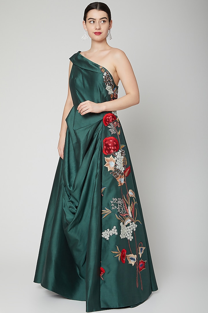Emerald Green Embroidered One Shoulder Gown  by Samant Chauhan