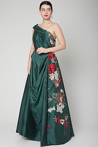 Emerald Green Embroidered One Shoulder Gown  by Samant Chauhan