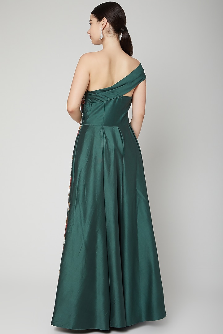 Emerald Green Embroidered One Shoulder Gown by Samant Chauhan at Pernia's Pop Up Shop