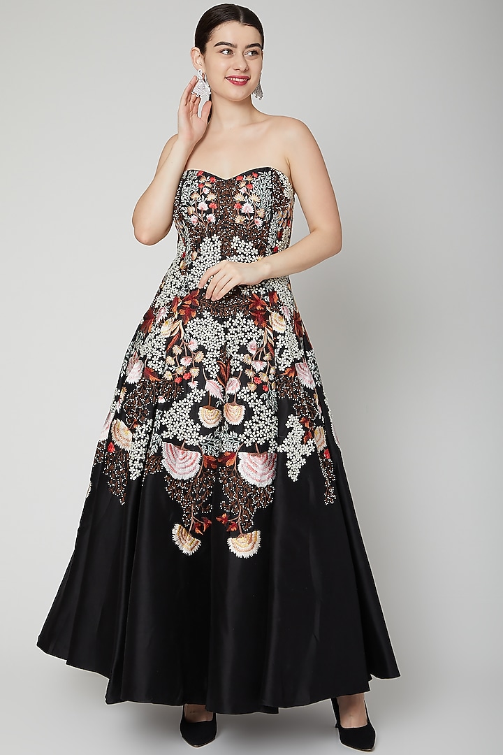 Black Embroidered Off Shoulder Gown by Samant Chauhan at Pernia's Pop Up Shop