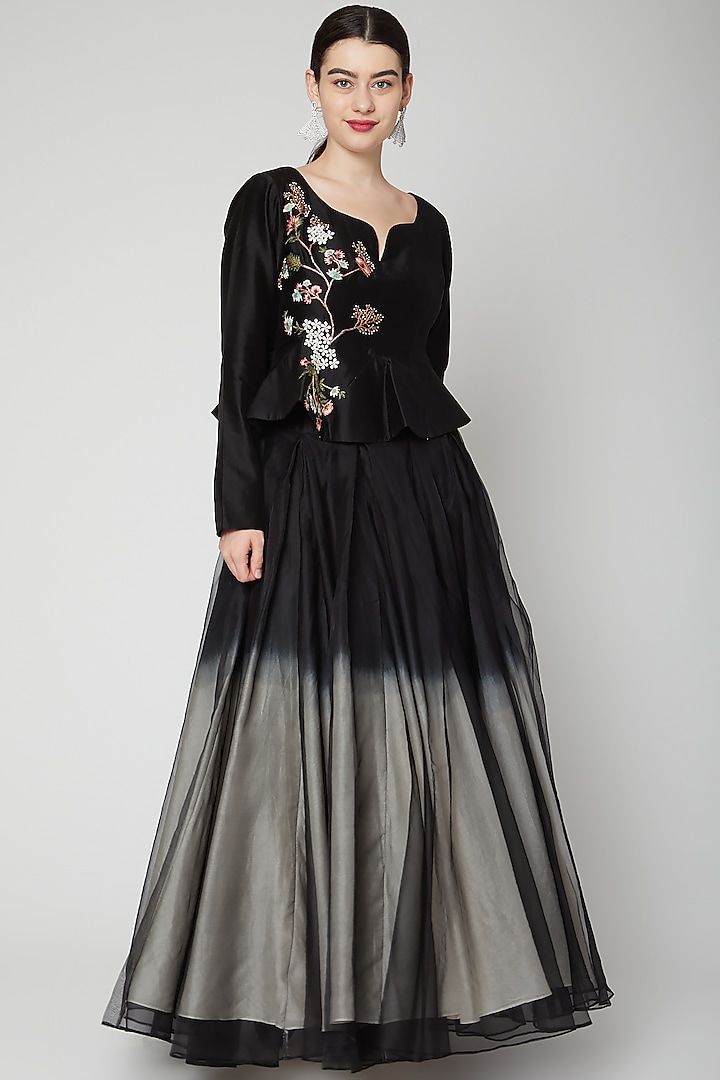 Black Embroidered Layered Skirt Set by Samant Chauhan