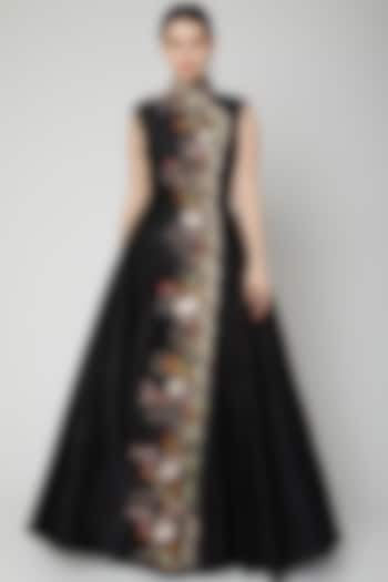 Black Floral Embroidered Gown by Samant Chauhan