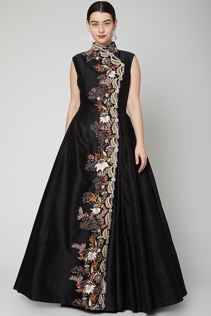 Black Floral Embroidered Gown by Samant Chauhan