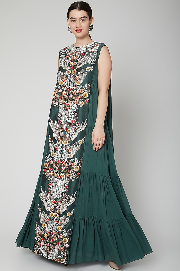 Emerald Green Embroidered Tiered Gown by Samant Chauhan