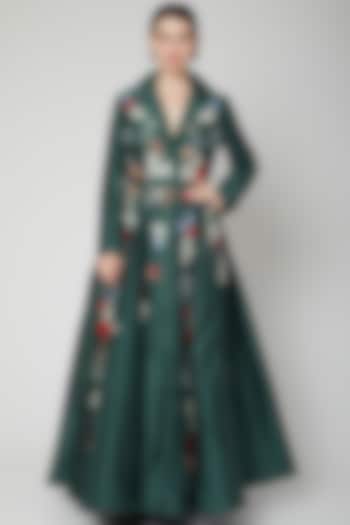 Emerald Green Embroidered Jacket Gown by Samant Chauhan