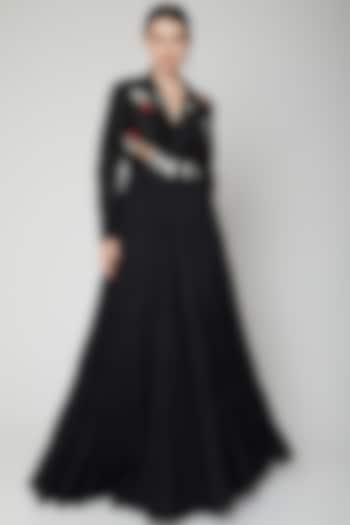 Black Embroidered Long Ghera Gown by Samant Chauhan