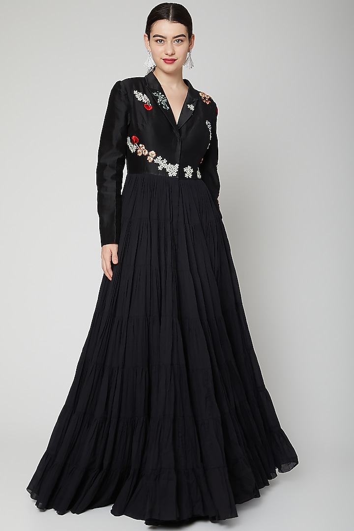 Black Embroidered Long Ghera Gown by Samant Chauhan
