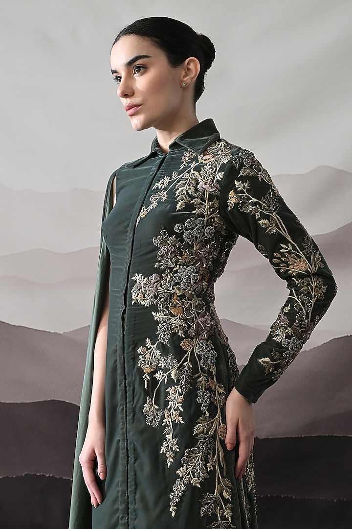 Deep Green Cotton Silk Embroidered Wedding Gown by Samant Chauhan at Pernia's Pop Up Shop