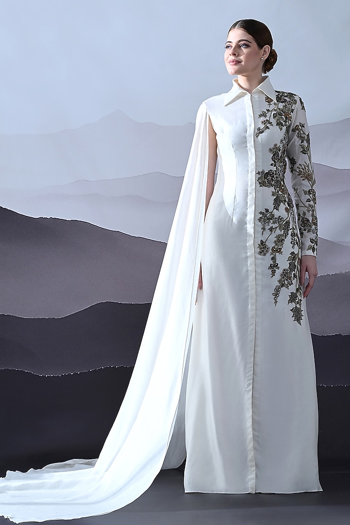 Ivory Cotton Silk Embroidered Wedding Gown by Samant Chauhan at Pernia's Pop Up Shop