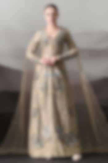 Peach Cotton Silk & Organza Floral Embroidered Wedding Gown by Samant Chauhan at Pernia's Pop Up Shop