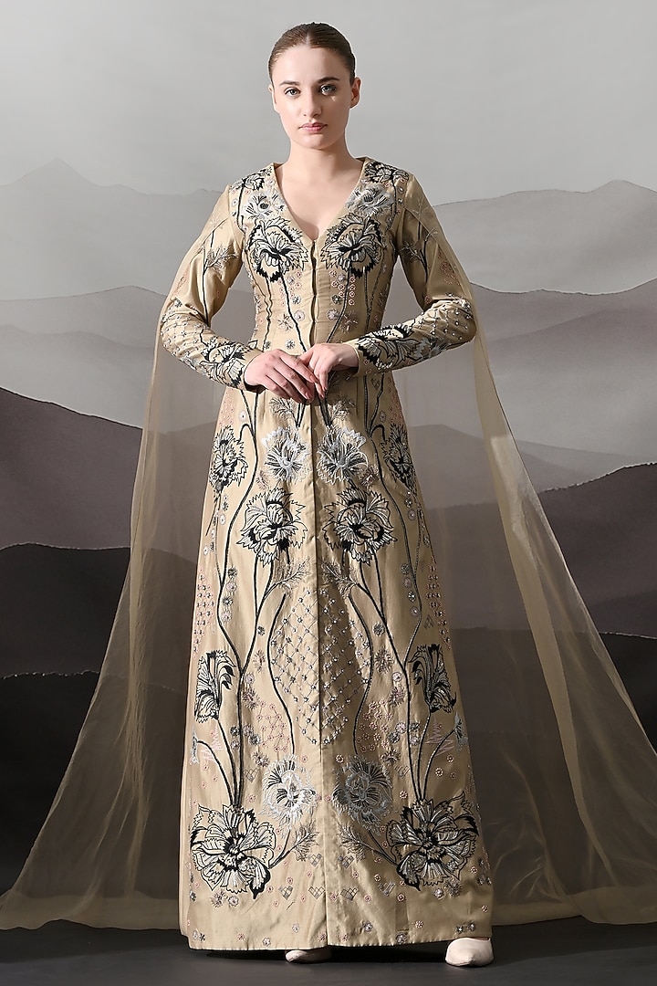 Peach Cotton Silk & Organza Floral Embroidered Wedding Gown by Samant Chauhan at Pernia's Pop Up Shop