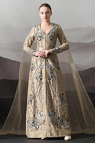 Peach Cotton Silk & Organza Floral Embroidered Gown by Samant Chauhan