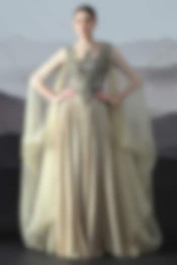Beige Cotton Silk & Organza Embroidered Wedding Gown by Samant Chauhan at Pernia's Pop Up Shop