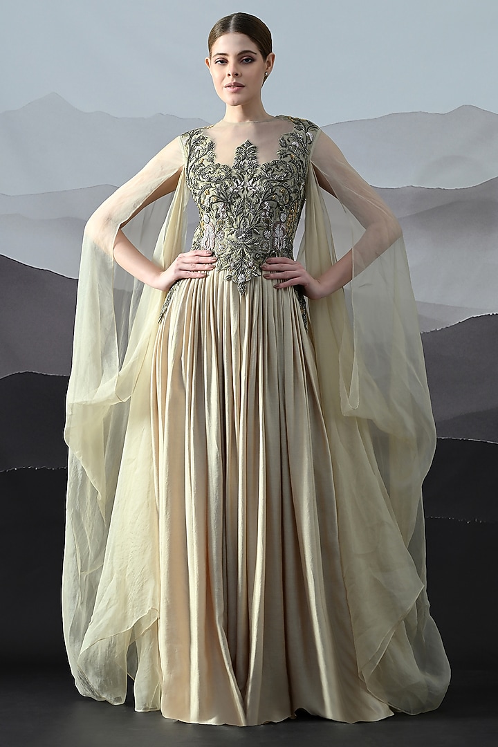 Beige Cotton Silk & Organza Embroidered Wedding Gown by Samant Chauhan at Pernia's Pop Up Shop