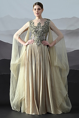 Beige Cotton Silk & Organza Embroidered Gown by Samant Chauhan