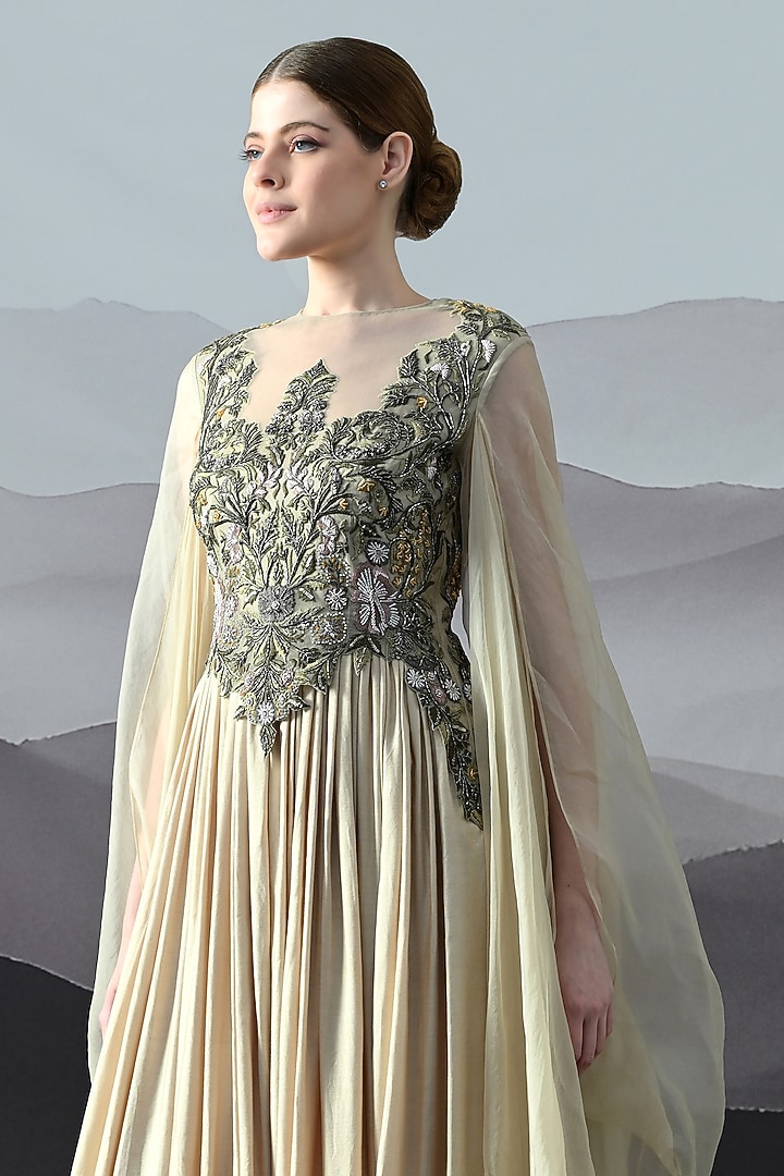 Beige Cotton Silk & Organza Embroidered Wedding Gown by Samant Chauhan at Pernia's Pop Up Shop