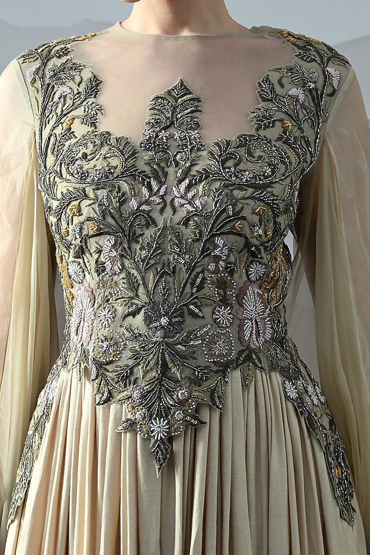 Beige Cotton Silk & Organza Embroidered Wedding Gown by Samant Chauhan at Pernia's Pop Up Shop