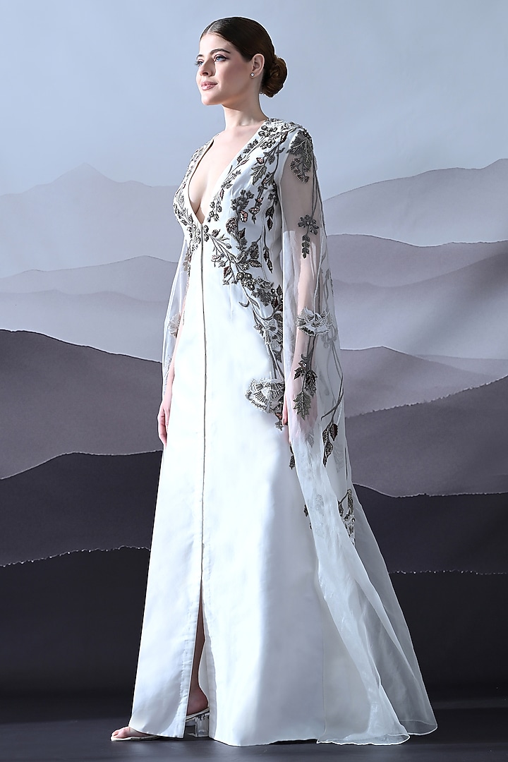 Ivory Cotton Silk & Organza Hand Embroidered Layered Wedding Gown by Samant Chauhan at Pernia's Pop Up Shop
