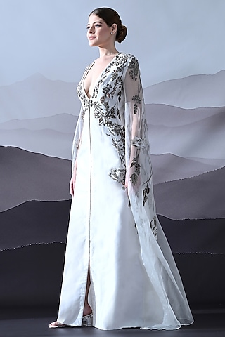 Ivory Cotton Silk & Organza Hand Embroidered Layered Gown by Samant Chauhan
