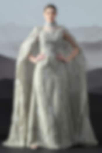 Soft Grey Linen Hand Embroidered Structured Wedding Gown by Samant Chauhan at Pernia's Pop Up Shop