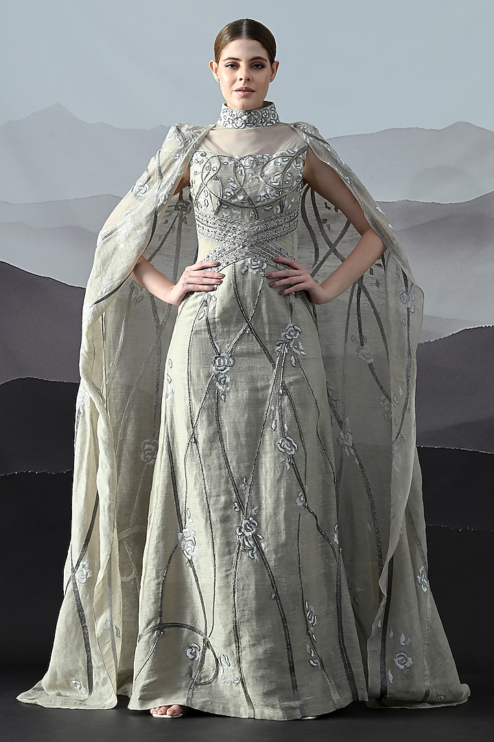 Soft Grey Linen Hand Embroidered Structured Wedding Gown by Samant Chauhan at Pernia's Pop Up Shop
