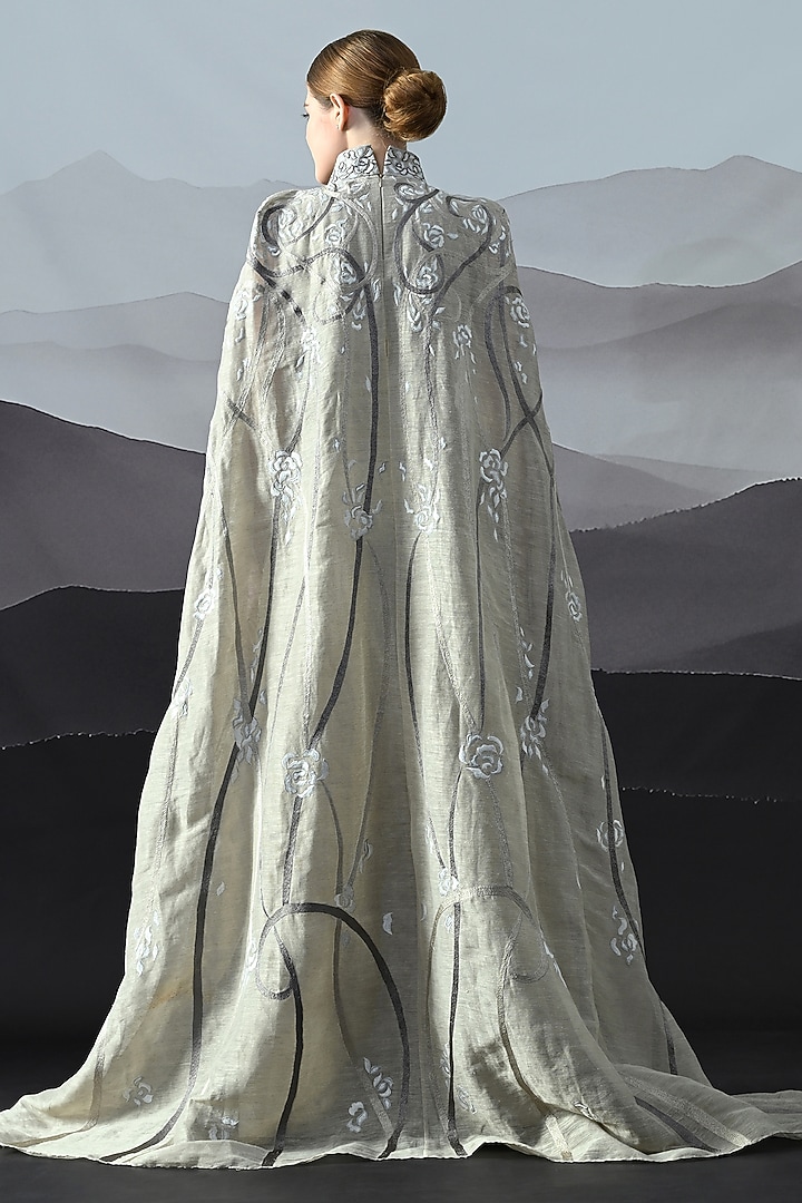 Soft Grey Linen Hand Embroidered Structured Wedding Gown by Samant Chauhan at Pernia's Pop Up Shop