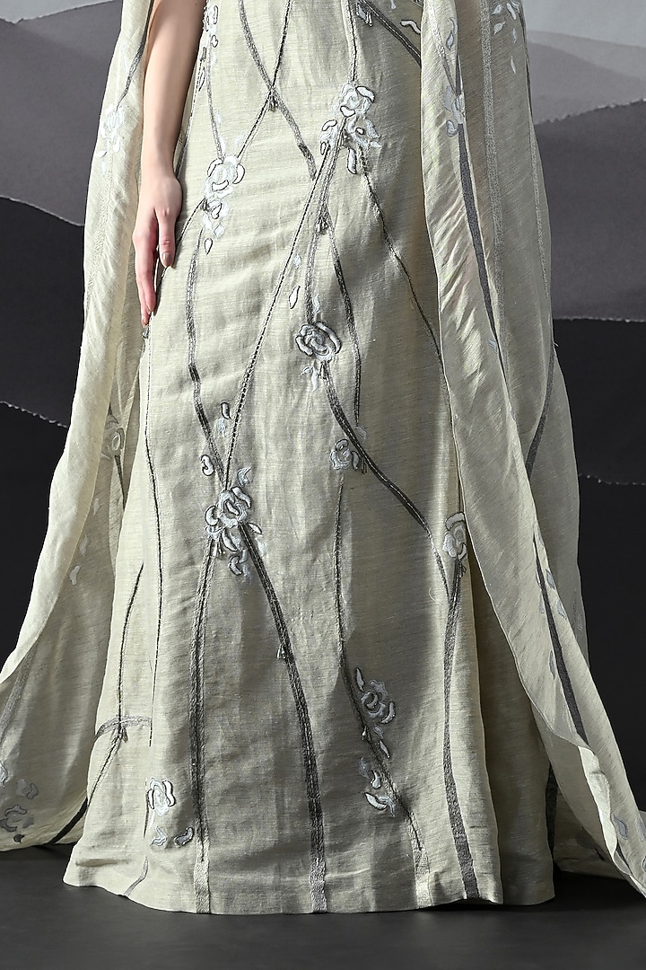 Soft Grey Linen Hand Embroidered Structured Wedding Gown by Samant Chauhan at Pernia's Pop Up Shop