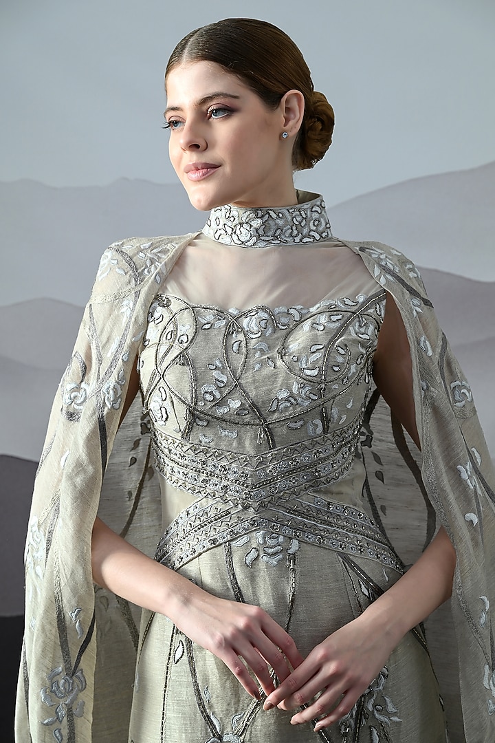 Soft Grey Linen Hand Embroidered Structured Wedding Gown by Samant Chauhan at Pernia's Pop Up Shop