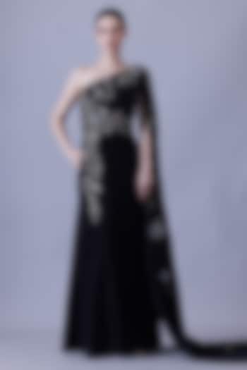 Black Velvet Embroidered One-Shoulder Wedding Gown by Samant Chauhan at Pernia's Pop Up Shop